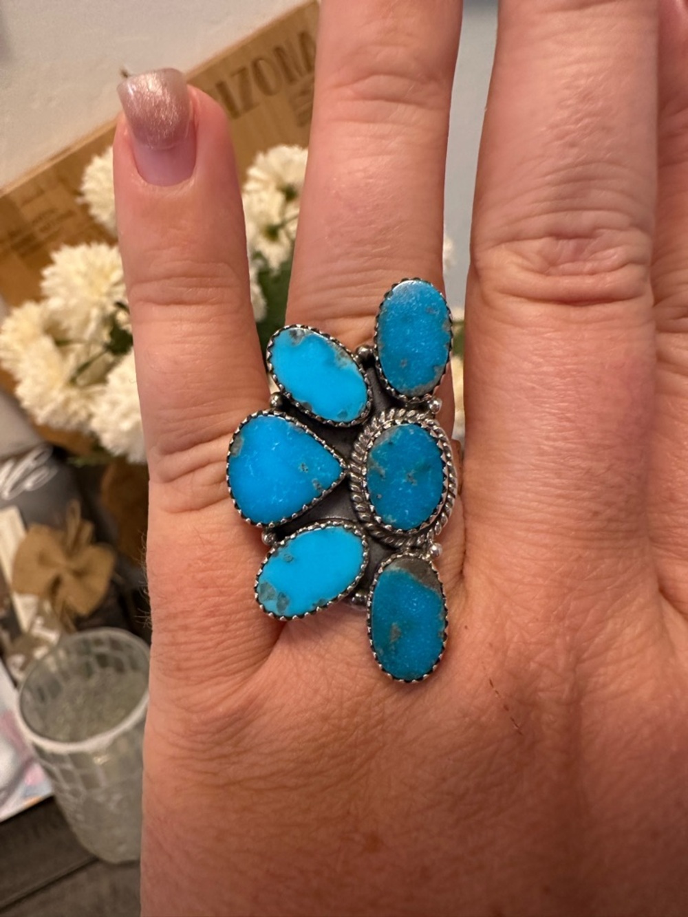 Stunning Kingman Turquoise Sterling Silver Half Cluster Ring